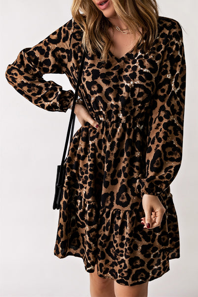 Elegant Leopard Ruffled Elastic Cuff Mini Dress