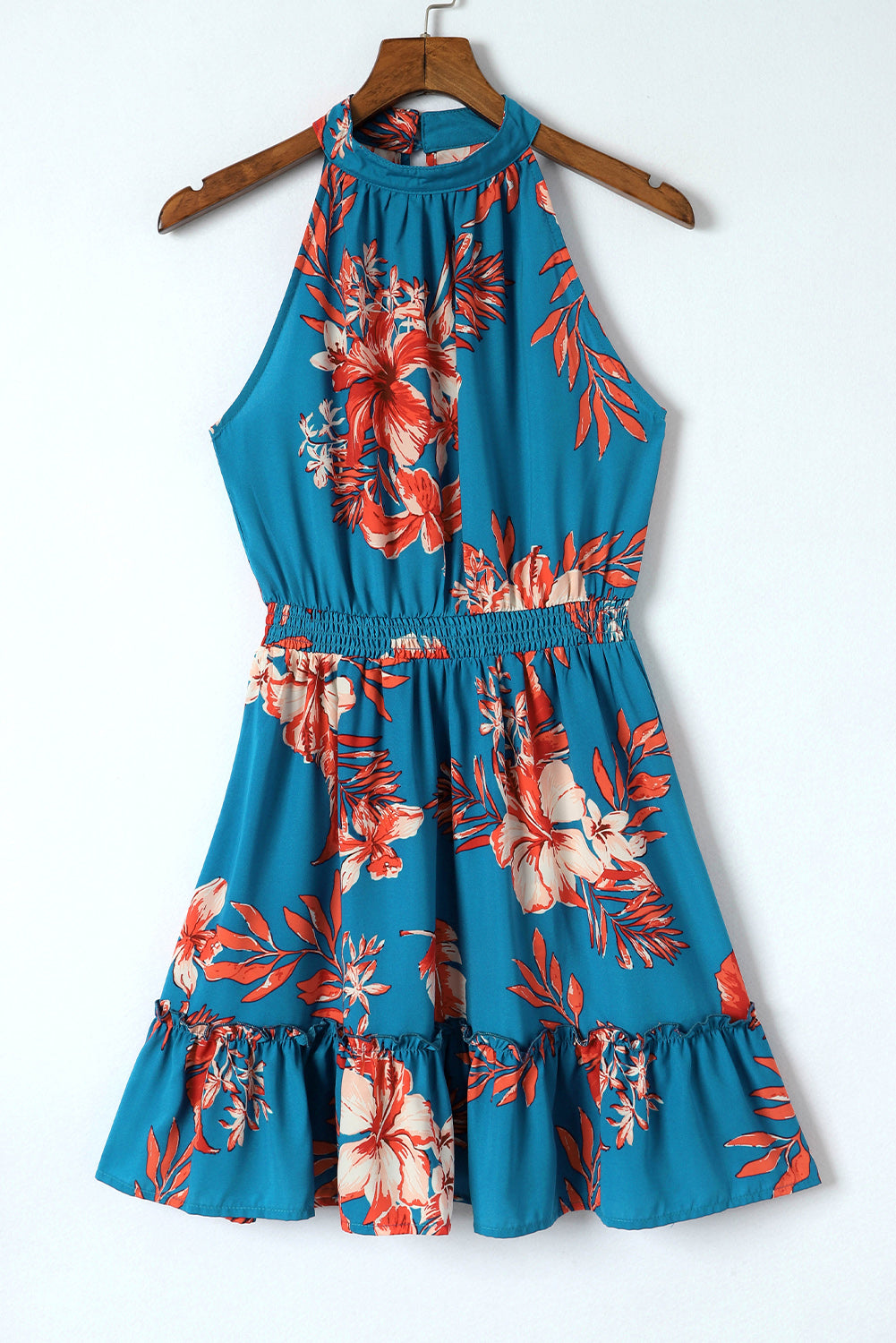 Charming Sky Blue Floral Print Sleeveless Ruffled Mini Dress