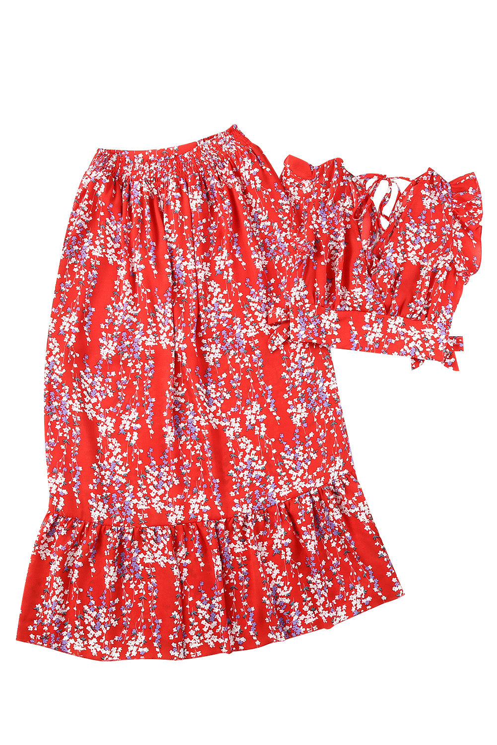 Vibrant Red Floral Crop Top Maxi Skirt Set