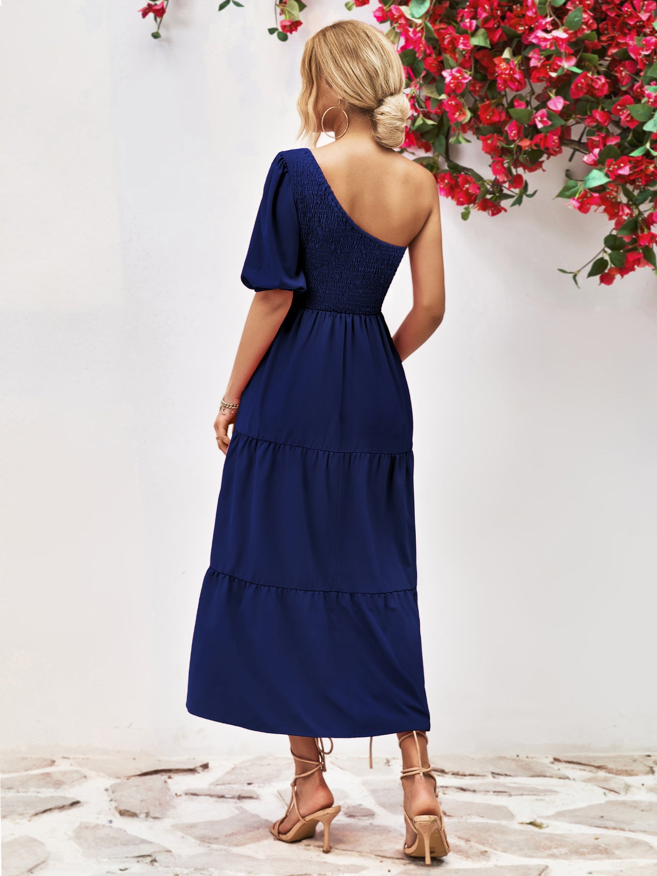 Trendy One-Shoulder Smocked Midi Dress