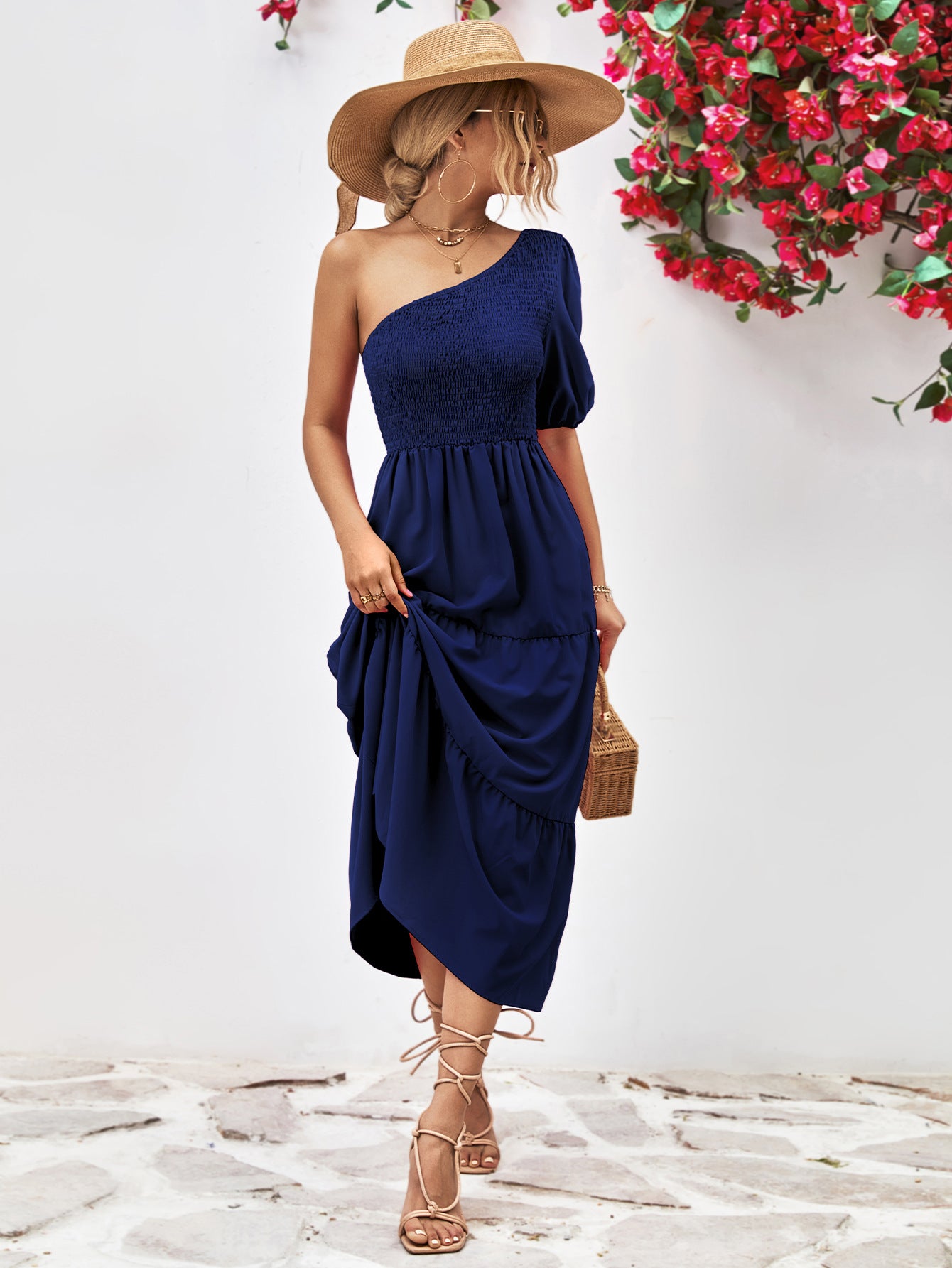 Trendy One-Shoulder Smocked Midi Dress