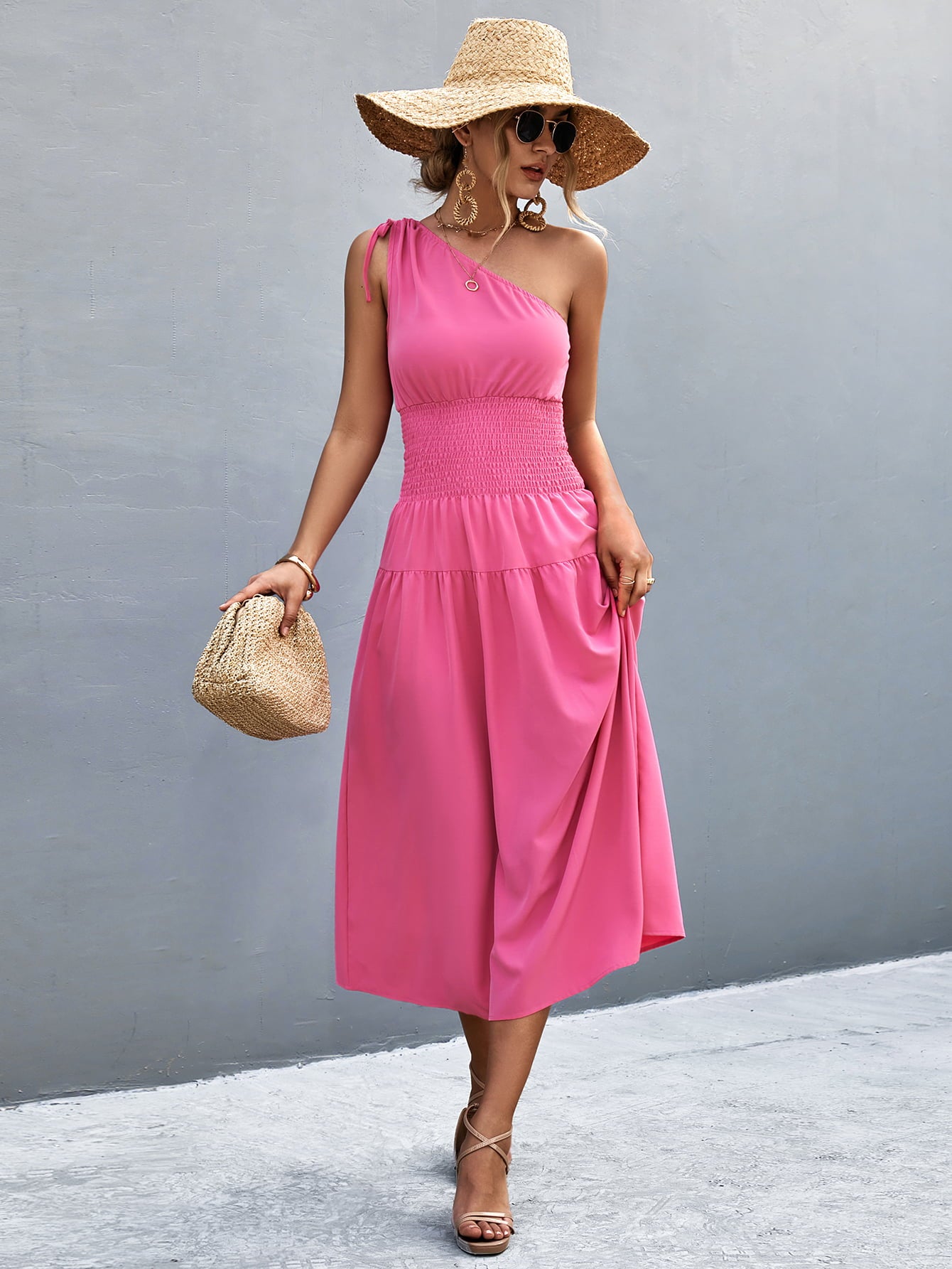 Chic One-Shoulder Midi Dress with Tie Detail