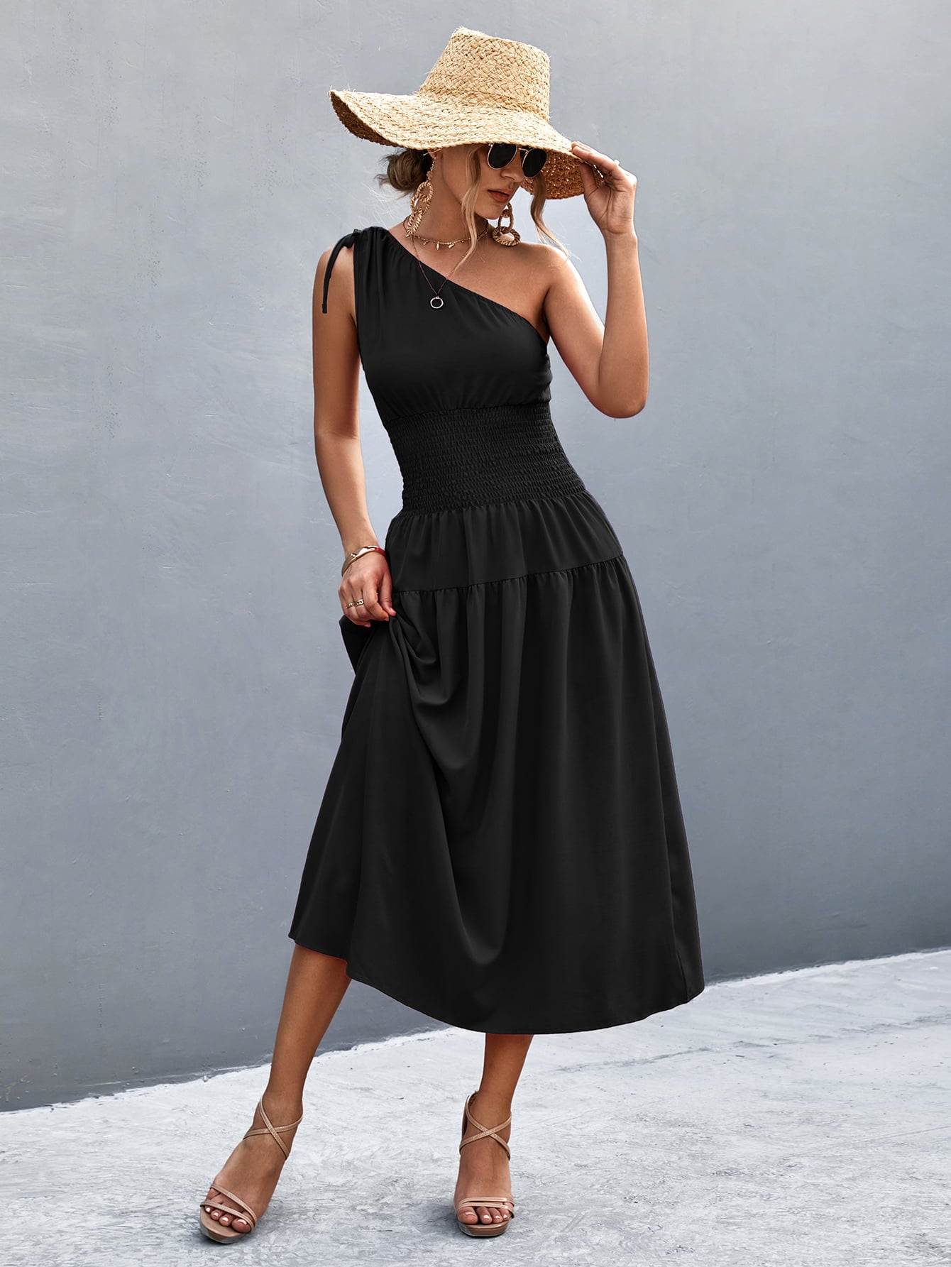 Chic One-Shoulder Midi Dress with Tie Detail